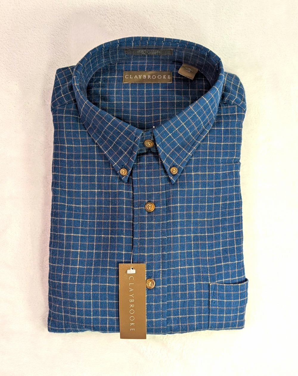 VTG Claybrooke Flannel Shirt Mens XL Blue Plaid Windowpane May Co NWT Deadstock